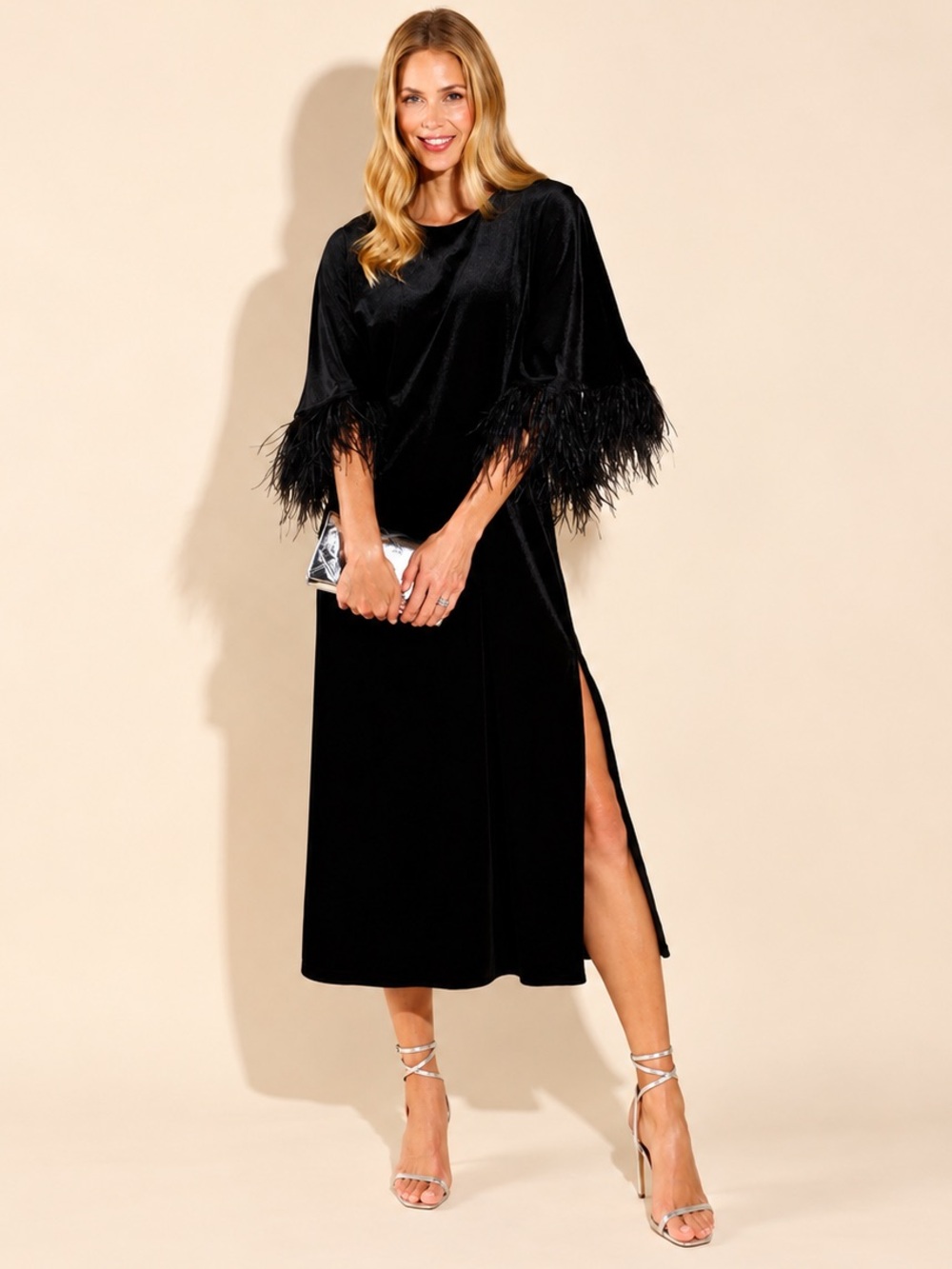 Jude Connally Royce Velvet Round Neck Elbow Sleeve Feather Midi Caftan Dress S
